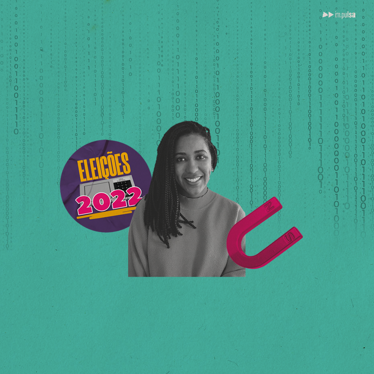 Beatriz Amparo, mulher negra com cabelos trançados em fundo verde com marcas remetendo a dados e tag roxa escrito Eleições 2022
