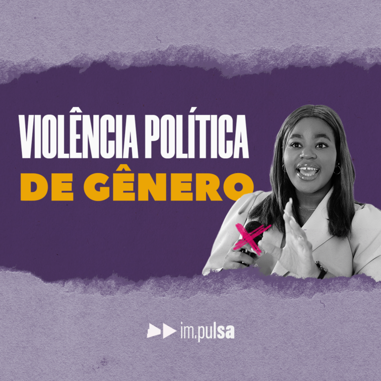 fundo roxo com o título violência política de gênero uma mulher negra na lateral direita com um microfone com um x em cima dele