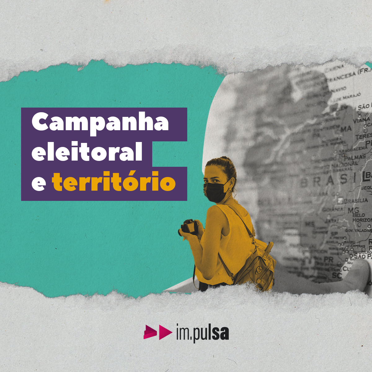 uma mulher no centro segurando uma máquina fotográfica e ao fundo o mapa do Brasil