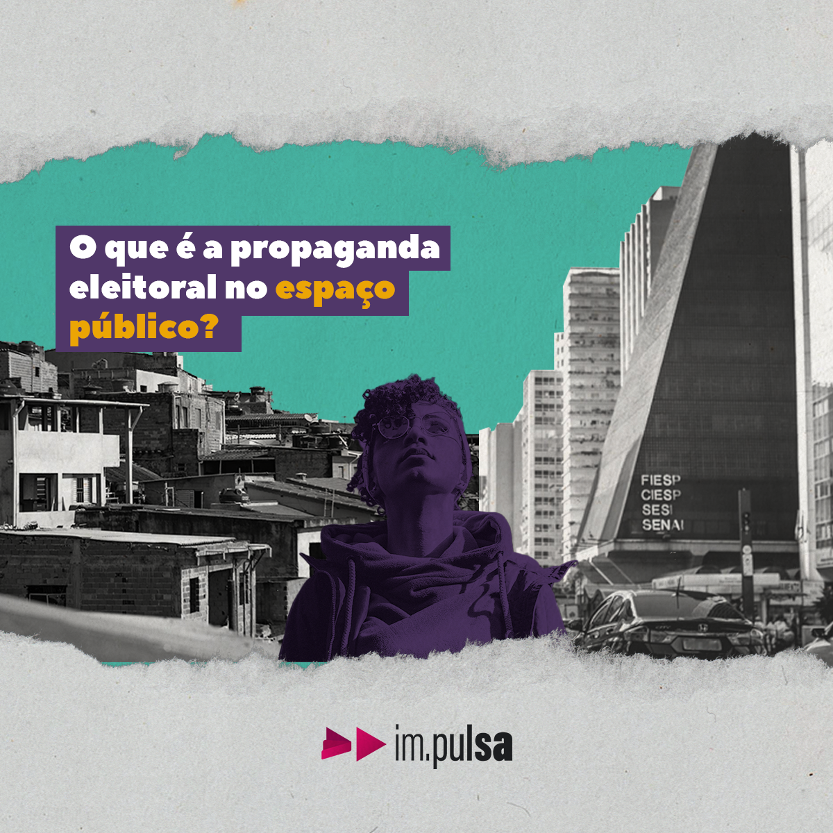 uma mulher no centro olhando para cima e ao fundo as imagens de uma cidade e de uma comunidade