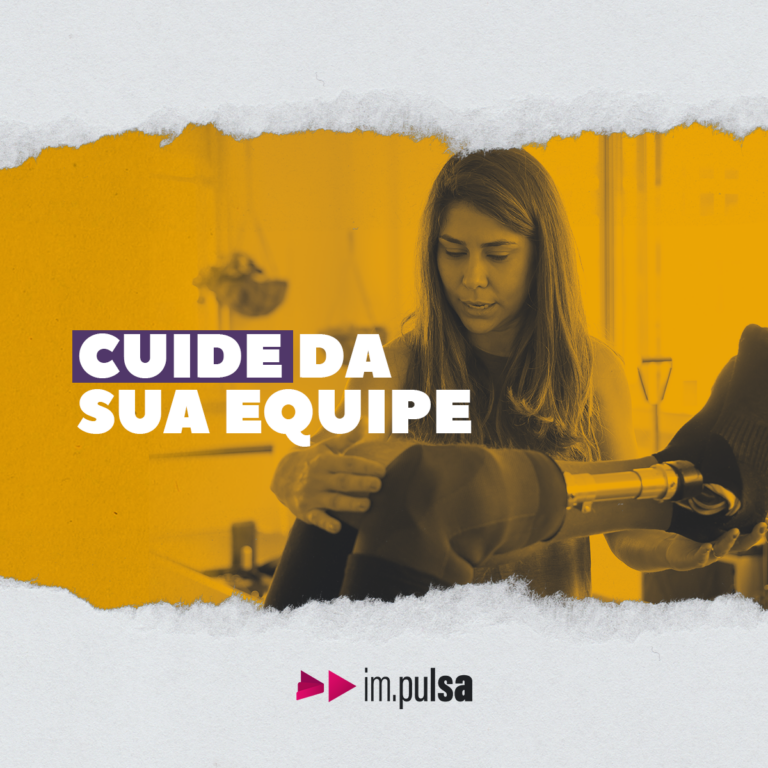 fundo amarelo com uma mulher fazendo fisioterapia e um título 'cuide da sua equipe'