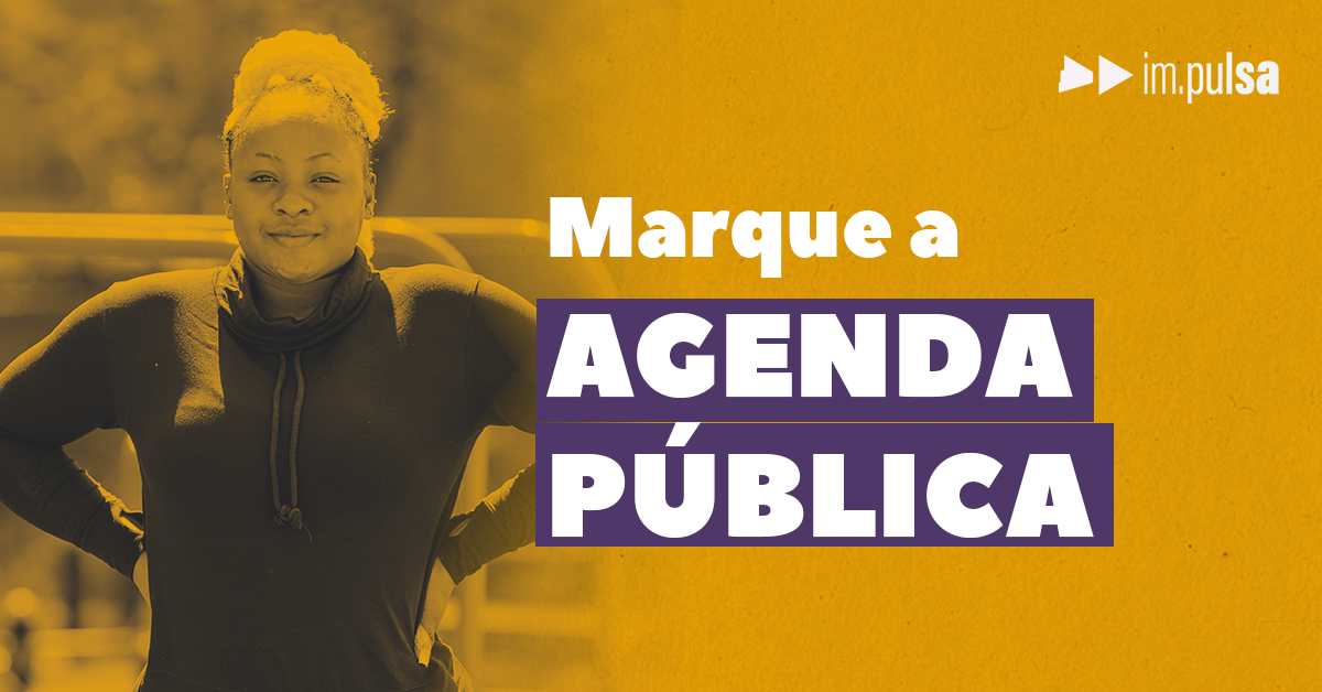 fundo amarelo com uma mulher e o título 'marque a agenda pública'
