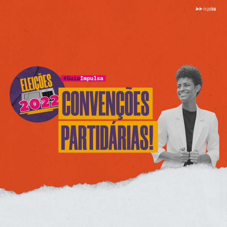 fundo laranja com uma mulher negra no lado direito sorrindo e com o título 'eleições partidárias' e um botão escrito 'eleições 2022'