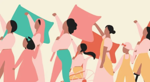 várias mulheres segurando bandeiras com o punho cerrado levantado pra cima